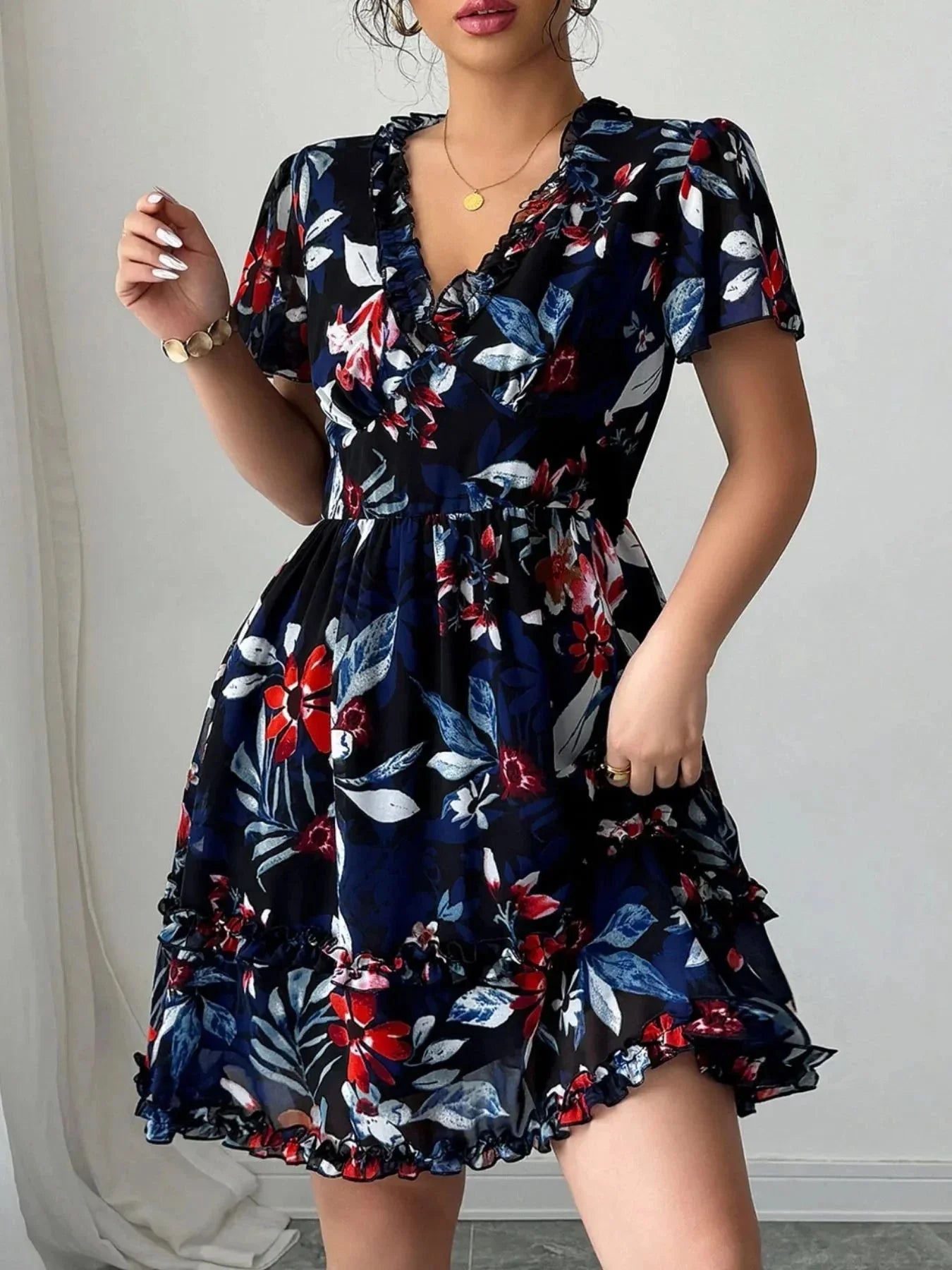 Floral Wrap Dress with Flutter Sleeves - VILLA FASHION